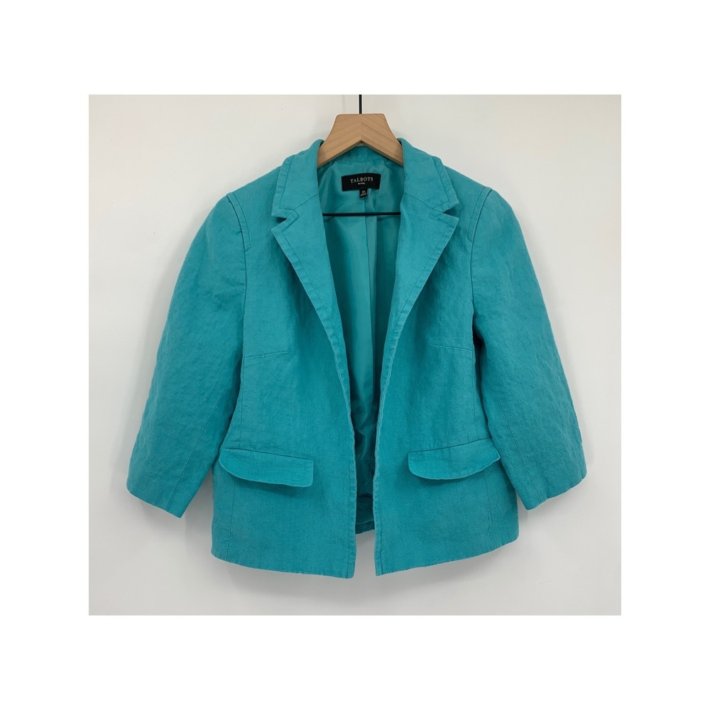 Talbots Blazer Jacket Womens 12 Petite Turquoise Linen 3/4 Sleeve Professional